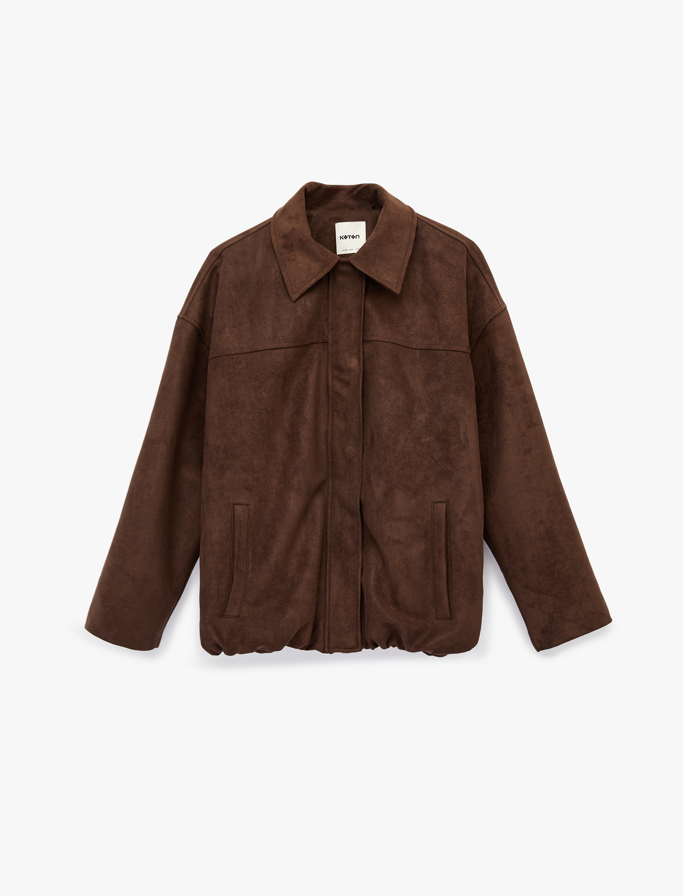   Uzun Kollu Cepli Fermuarlı Suni Süet Ceket