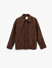 Uzun Kollu Cepli Fermuarlı Suni Süet Ceket