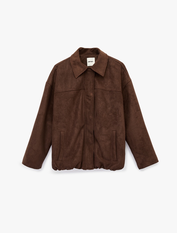  Uzun Kollu Cepli Fermuarlı Suni Süet Ceket