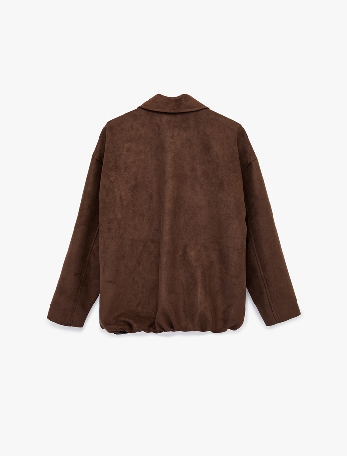  Uzun Kollu Cepli Fermuarlı Suni Süet Ceket