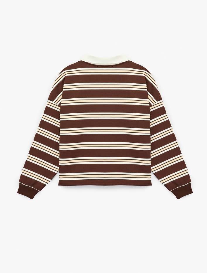  Şardonlu Uzun Kollu Polo Yaka Çizgili Sweatshirt