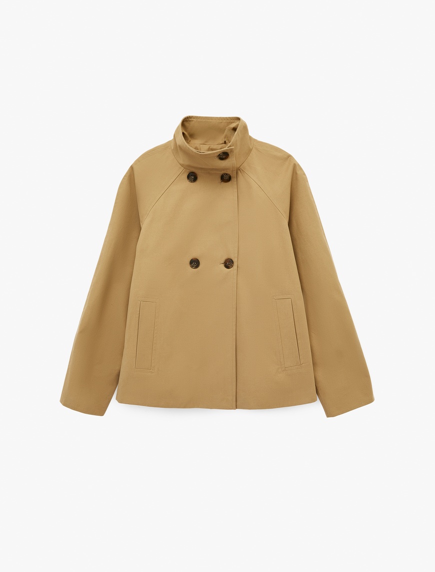 H♡ Ekru Kadın Uzun Kollu Düğmeli Gabardin Dik Yaka Oversize Kısa