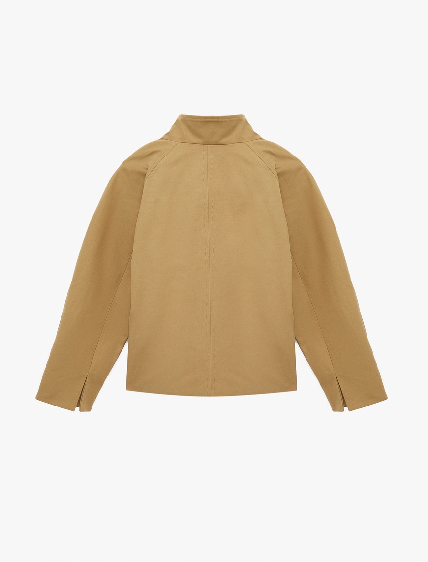 Ekru Kadın Uzun Kollu Düğmeli Gabardin Dik Yaka Oversize Kısa