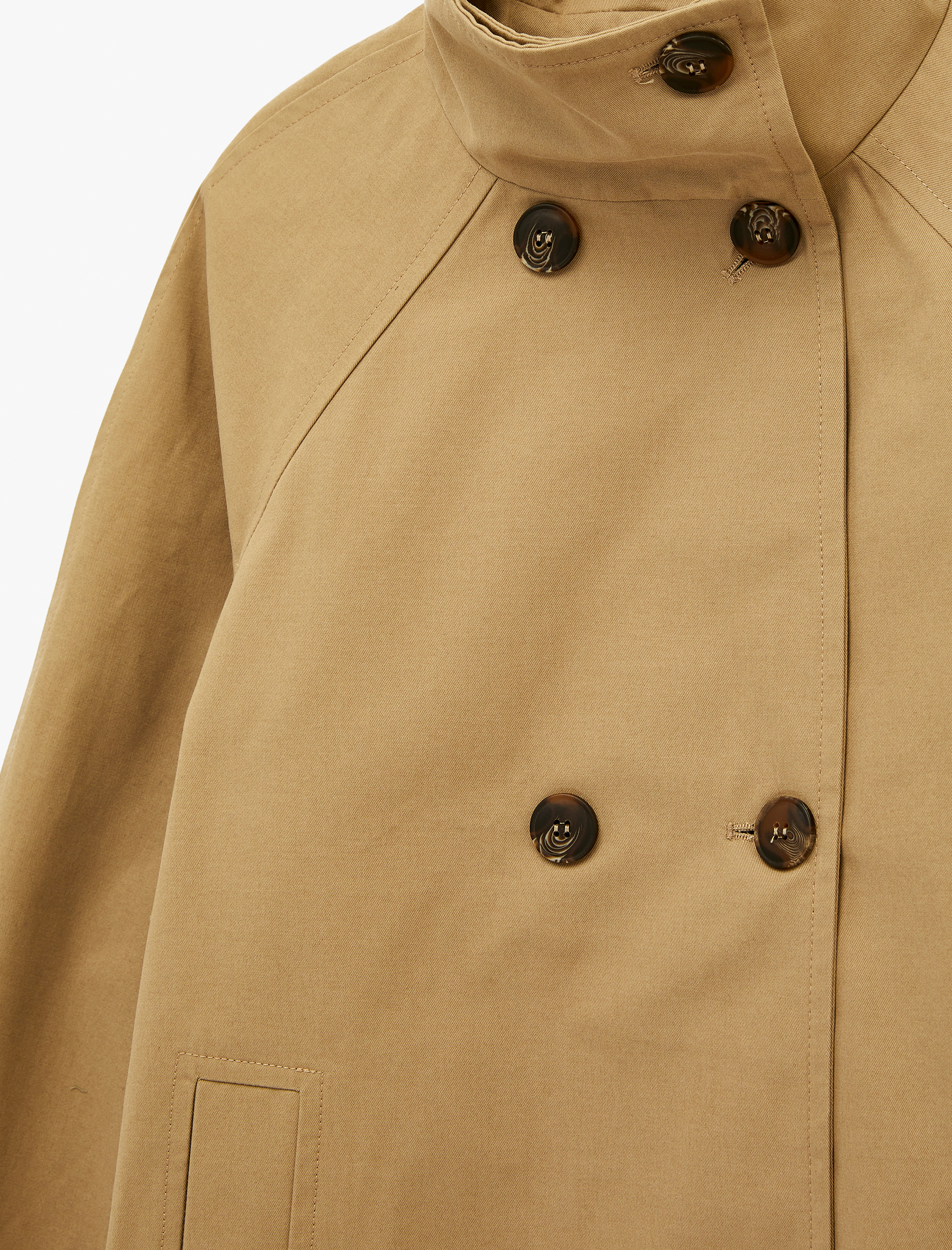   Uzun Kollu Düğmeli Gabardin Dik Yaka Oversize Kısa Trençkot