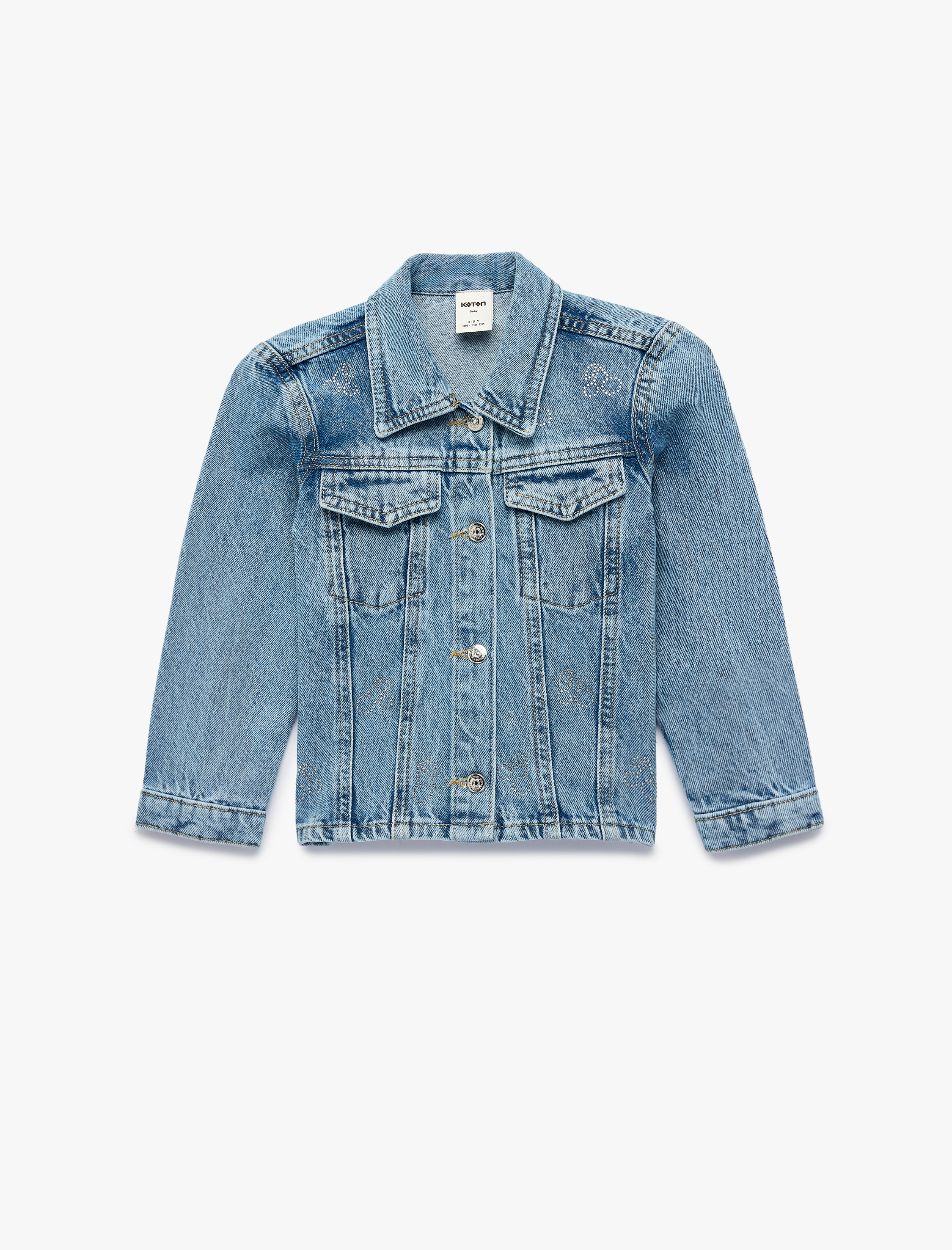  Kız Bebek Uzun Kollu Düğmeli Cepli Taş İşleme Detaylı Denim Ceket