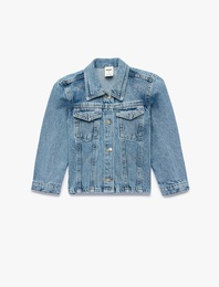 Uzun Kollu Düğmeli Cepli Taş İşleme Detaylı Denim Ceket