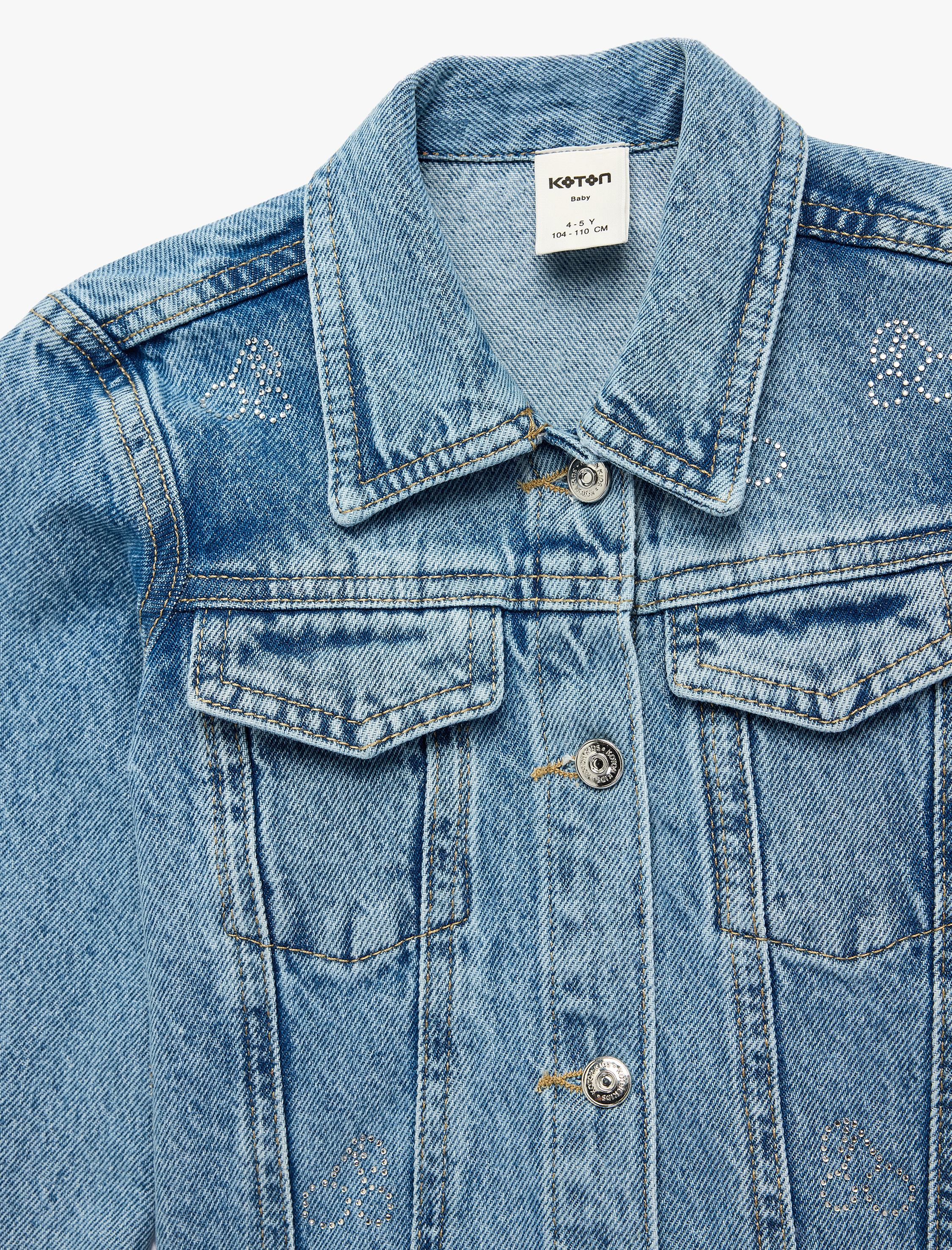  Kız Bebek Uzun Kollu Düğmeli Cepli Taş İşleme Detaylı Denim Ceket