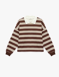 Şardonlu Uzun Kollu Polo Yaka Çizgili Sweatshirt