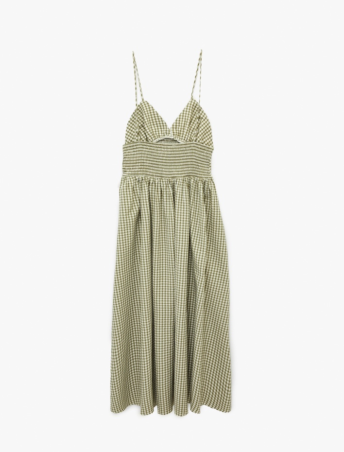  Kolsuz Gipeli V Yaka Kareli Maxi Elbise