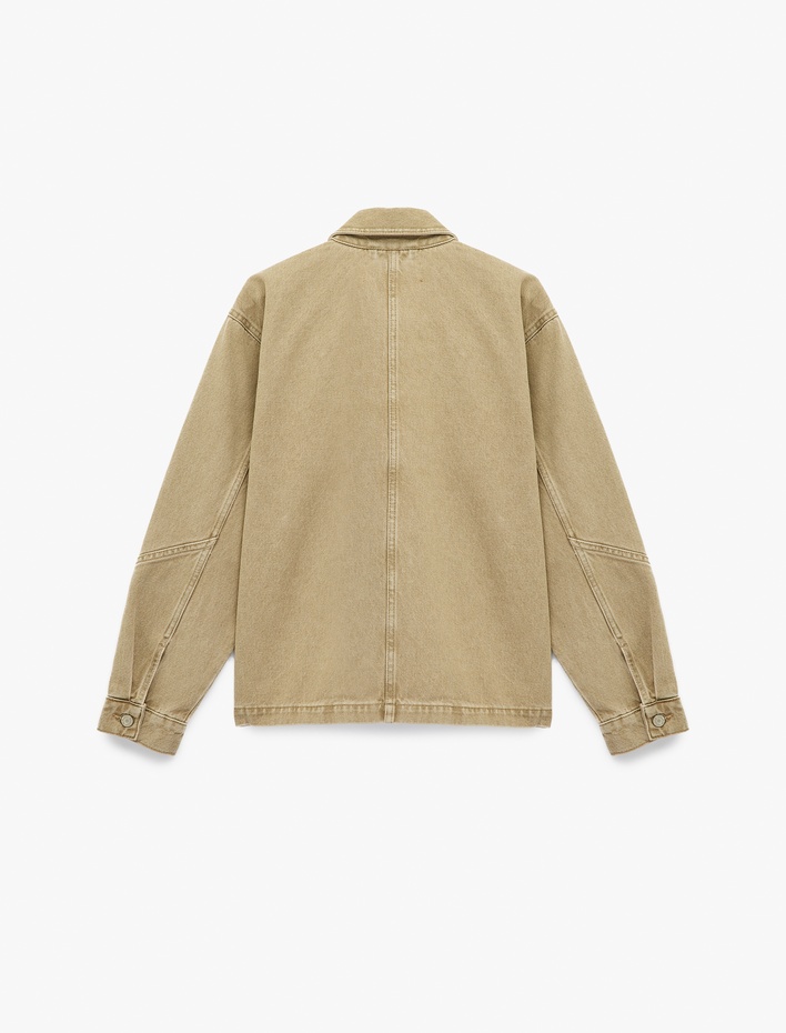  Pamuklu Uzun Kollu Klasik Yaka Düğmeli Cep Detaylı Denim Ceket