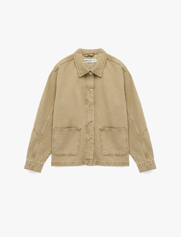  Pamuklu Uzun Kollu Klasik Yaka Düğmeli Cep Detaylı Denim Ceket