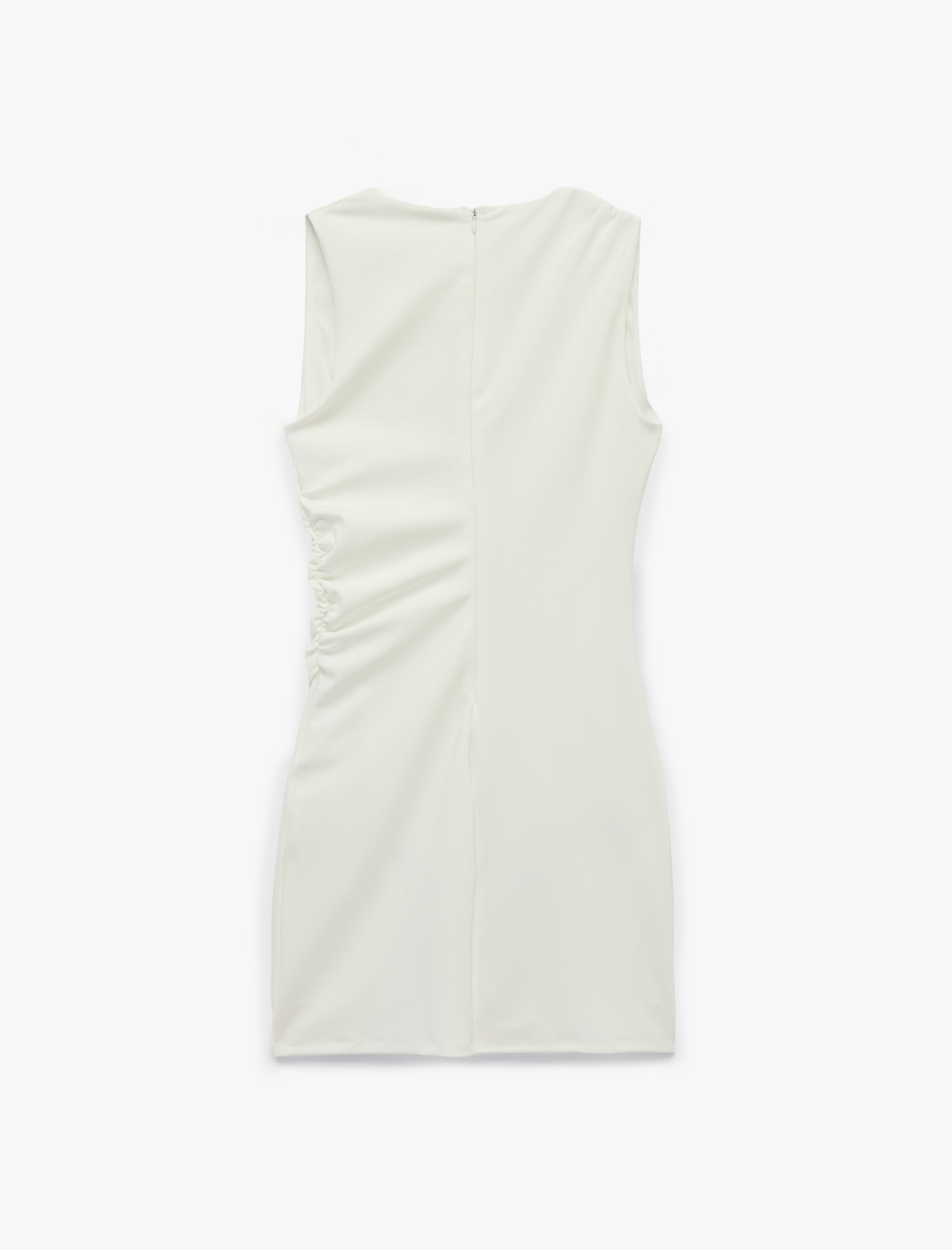   Slim Fit Kolsuz Drape Detaylı Bisiklet Yaka Mini Elbise