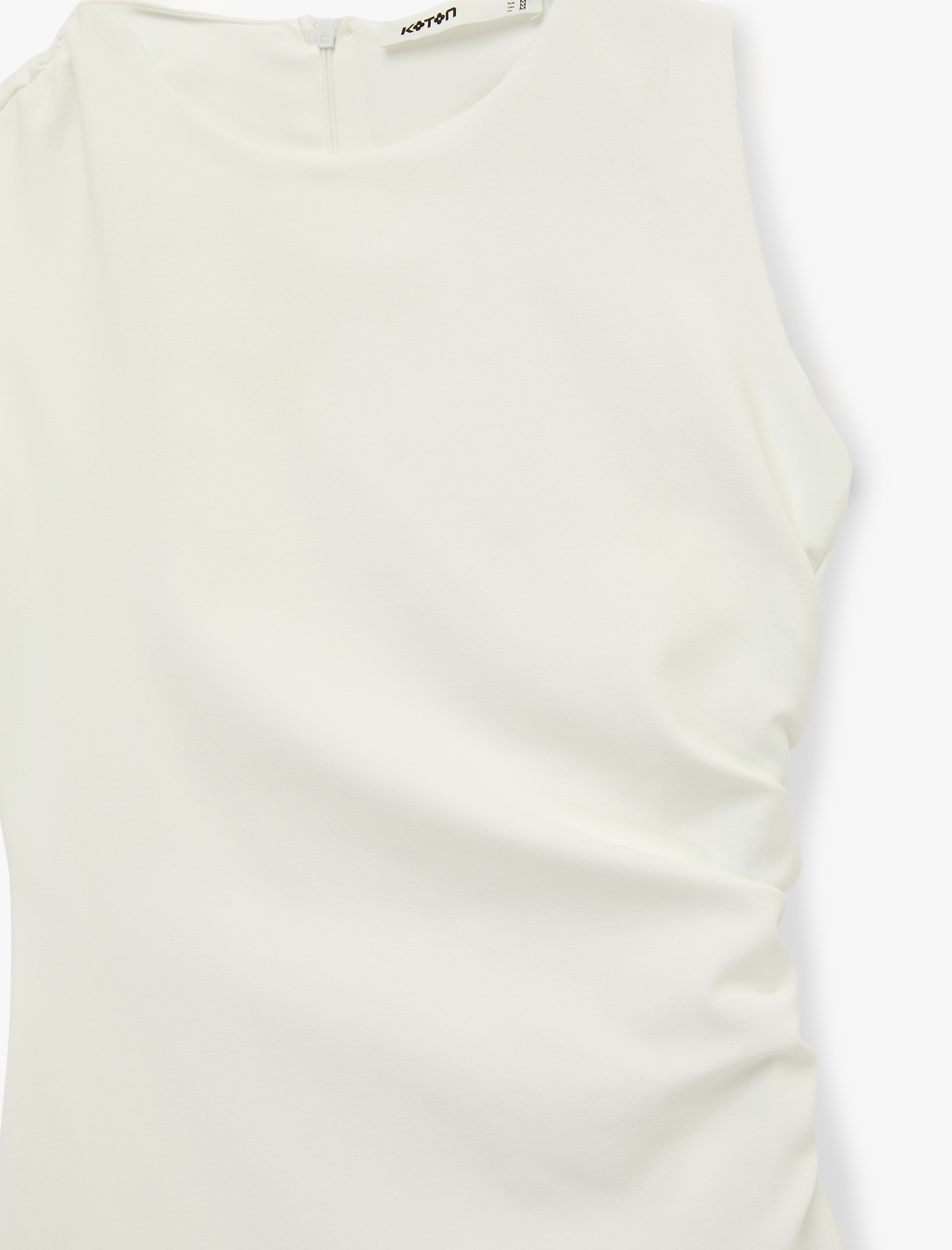   Slim Fit Kolsuz Drape Detaylı Bisiklet Yaka Mini Elbise