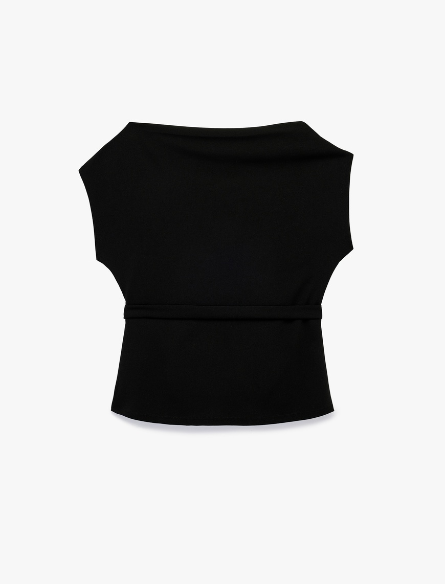 Siyah Kadın Scuba Kumaş Slim Fit Kemerli Omzu Açık Kayık Yaka