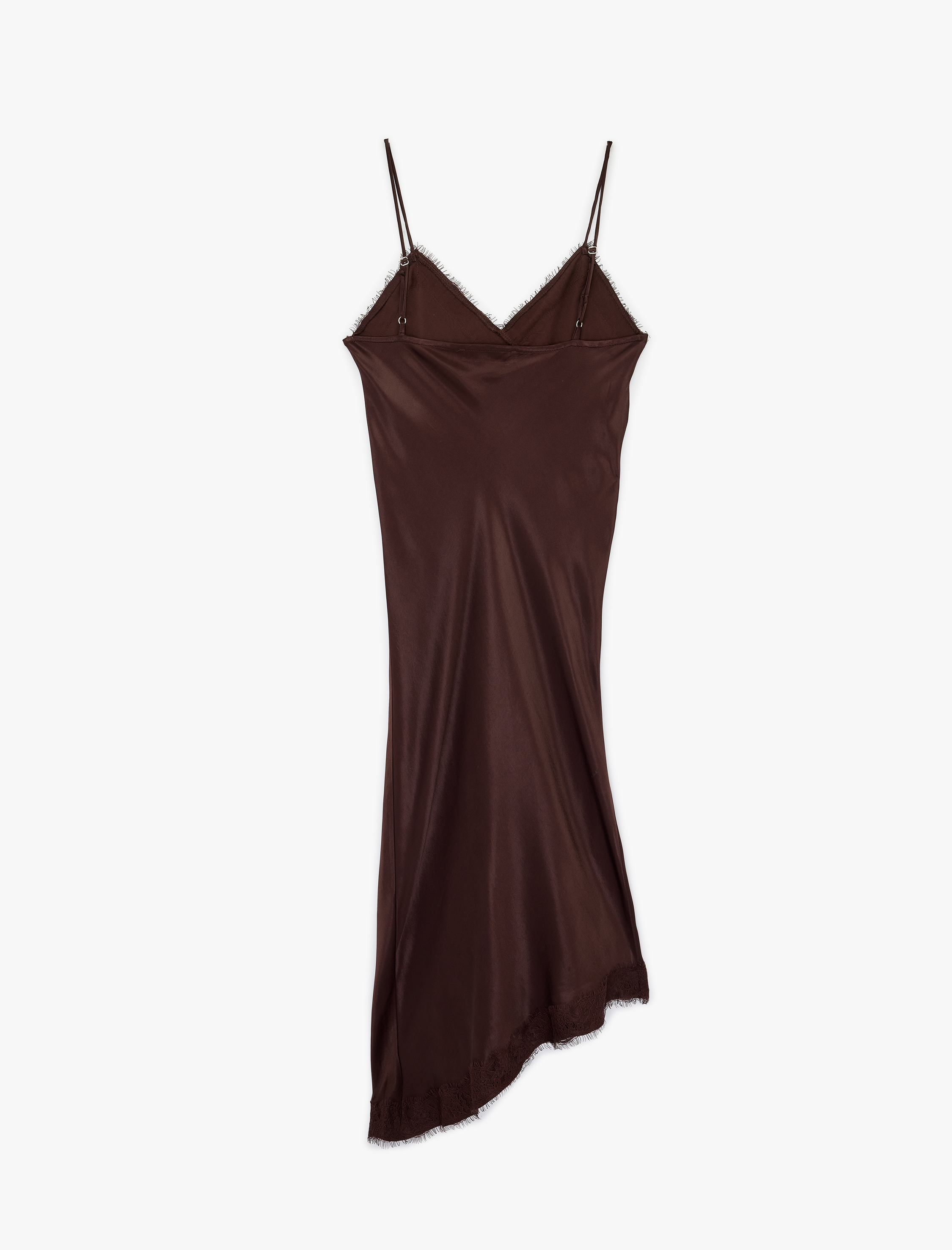   İp Askılı Asimetrik Dantel Detaylı Saten Elbise