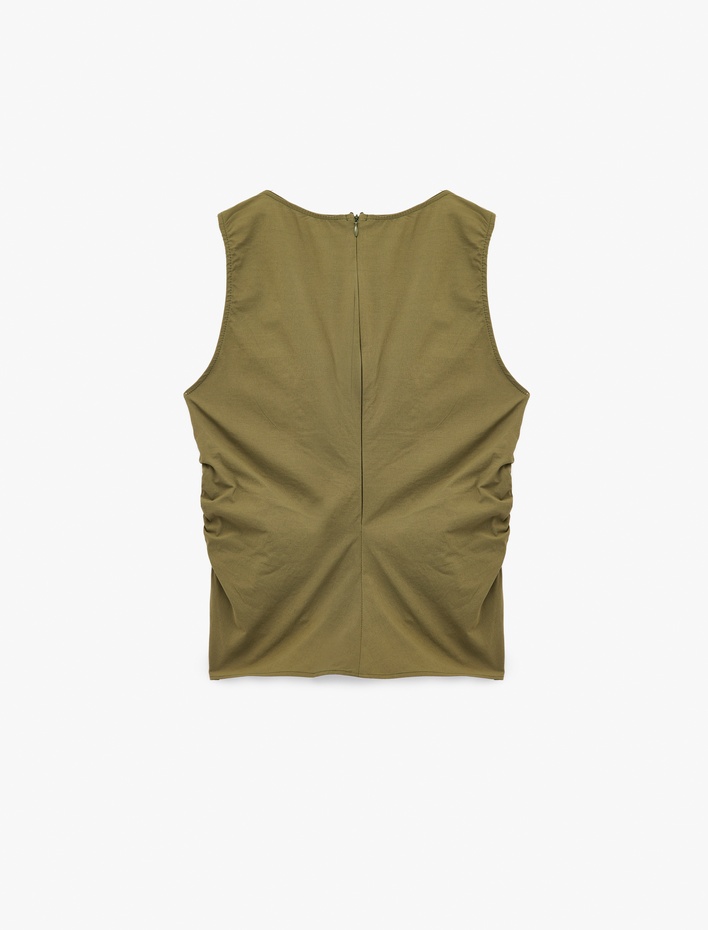  Paraşüt Kumaş Büzgülü Degaje Yaka Kolsuz Bluz