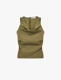 Paraşüt Kumaş Büzgülü Degaje Yaka Kolsuz Bluz