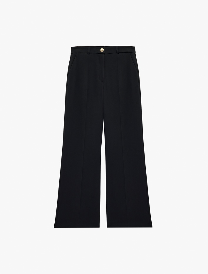  Metal Aksesuarlı Yüksek Bel Geniş Paça Pantolon