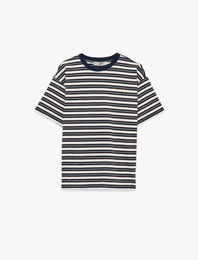 Çizgili Rahat Kalıp Kısa Kollu Bisiklet Yaka Pamuklu Tişört