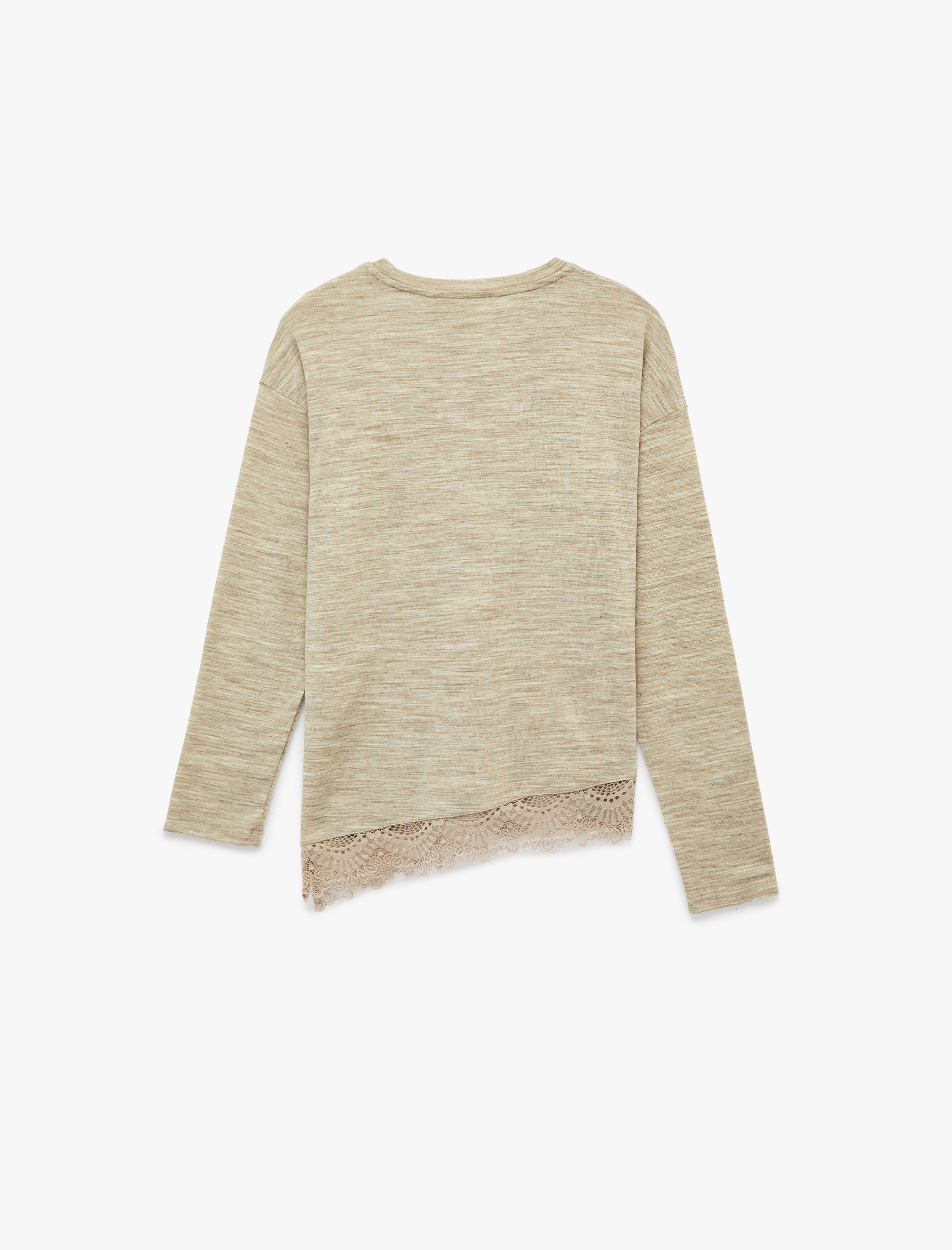   Bisiklet Yaka Uzun Kollu Asimetrik Kesim Dantel Detaylı Tişört