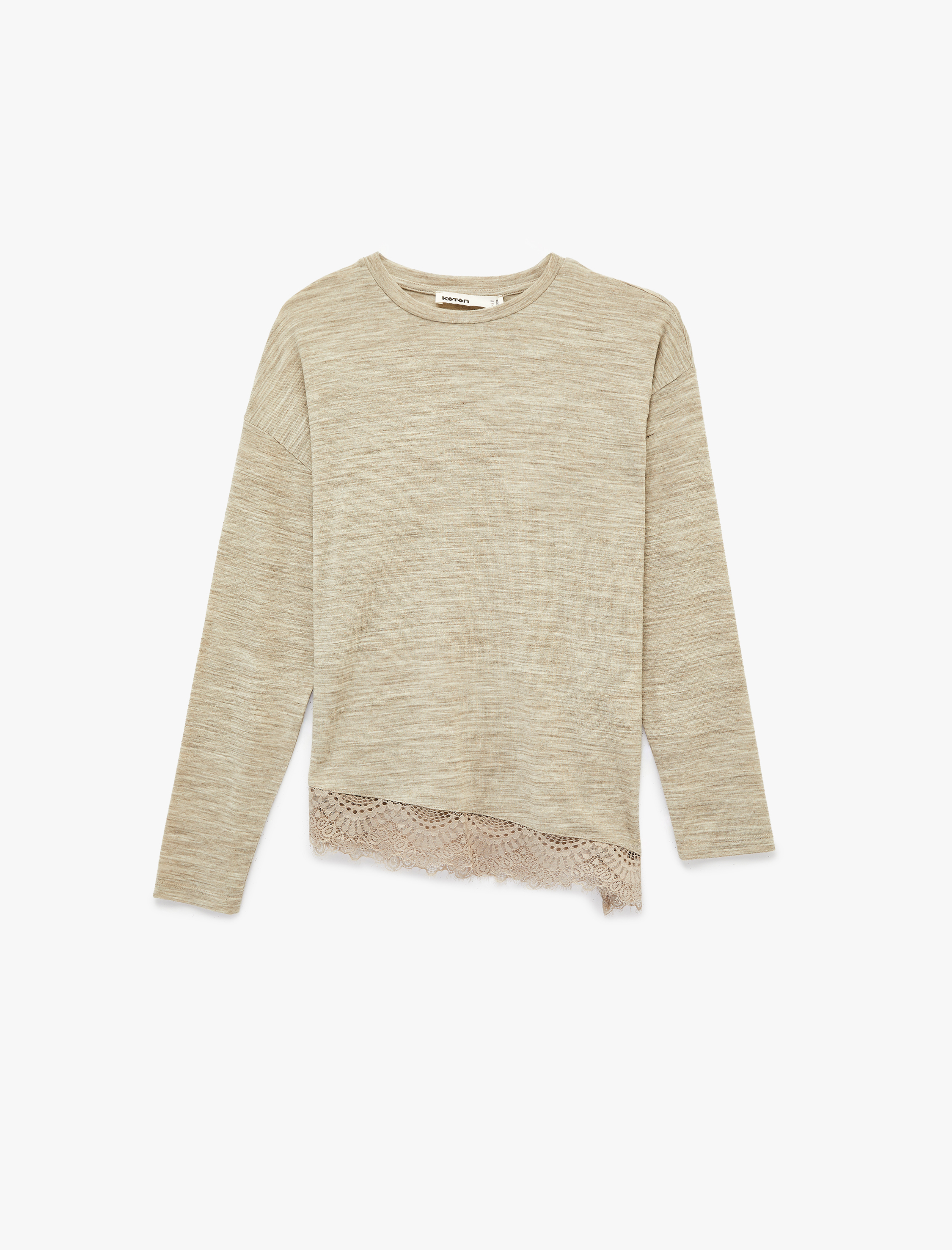   Bisiklet Yaka Uzun Kollu Asimetrik Kesim Dantel Detaylı Tişört