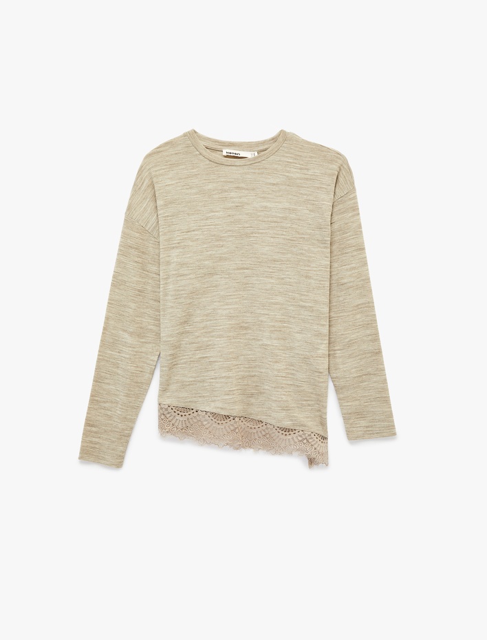  Bisiklet Yaka Uzun Kollu Asimetrik Kesim Dantel Detaylı Tişört