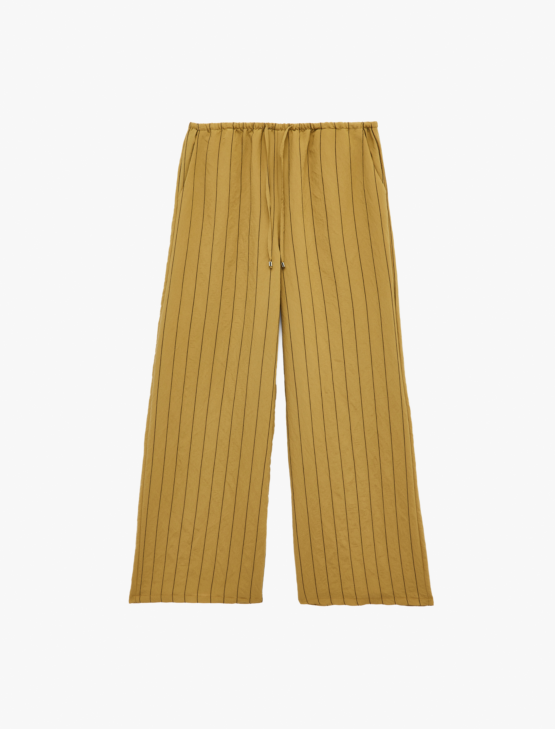   Beli Bağlamalı Modal Kumaş Cepli Geniş Paça Çizgili Pantolon