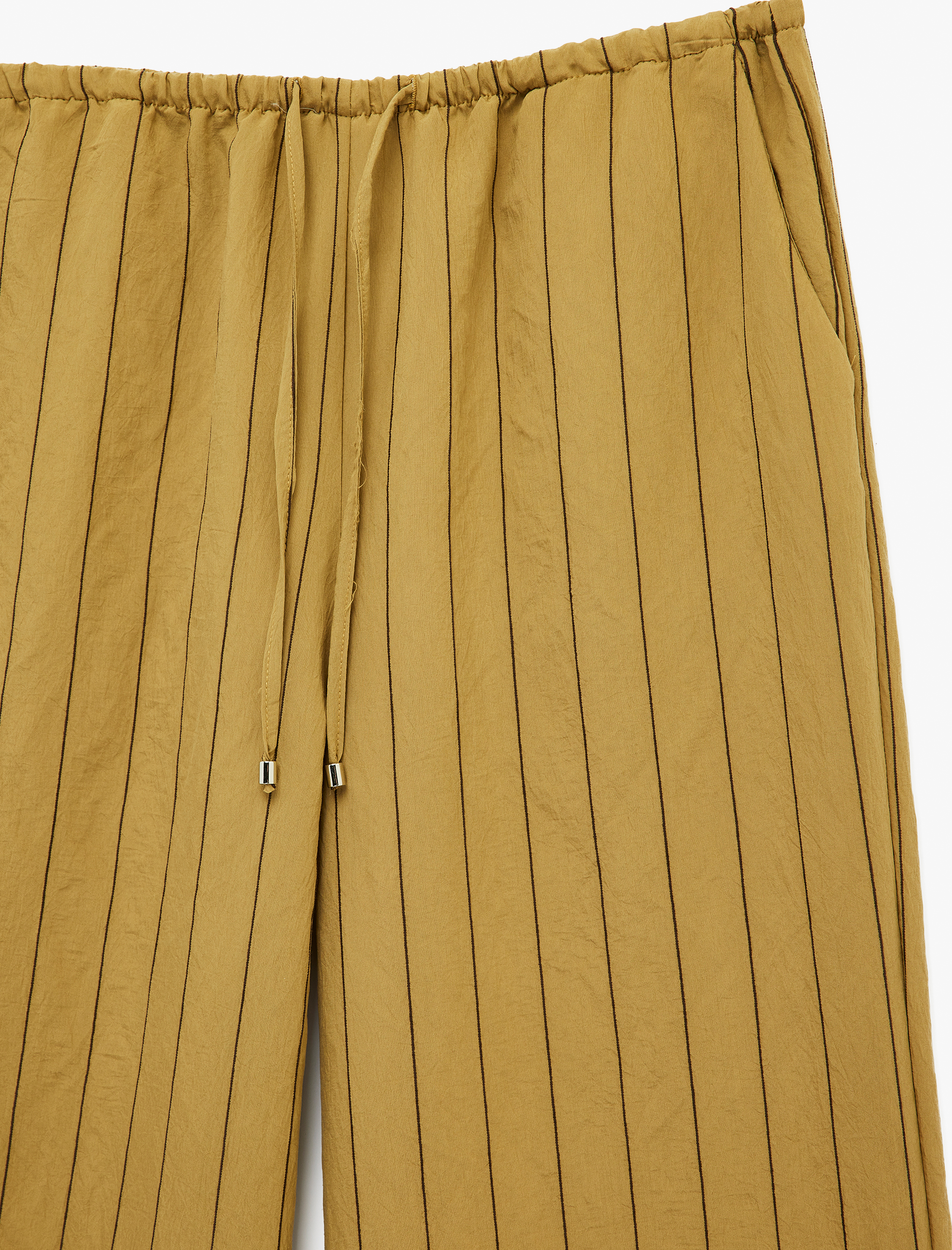   Beli Bağlamalı Modal Kumaş Cepli Geniş Paça Çizgili Pantolon