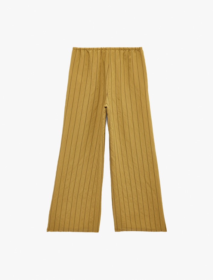  Beli Bağlamalı Modal Kumaş Cepli Geniş Paça Çizgili Pantolon