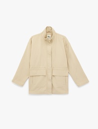 Pamuklu Dik Yaka Uzun Kollu Fermuarlı Trençkot