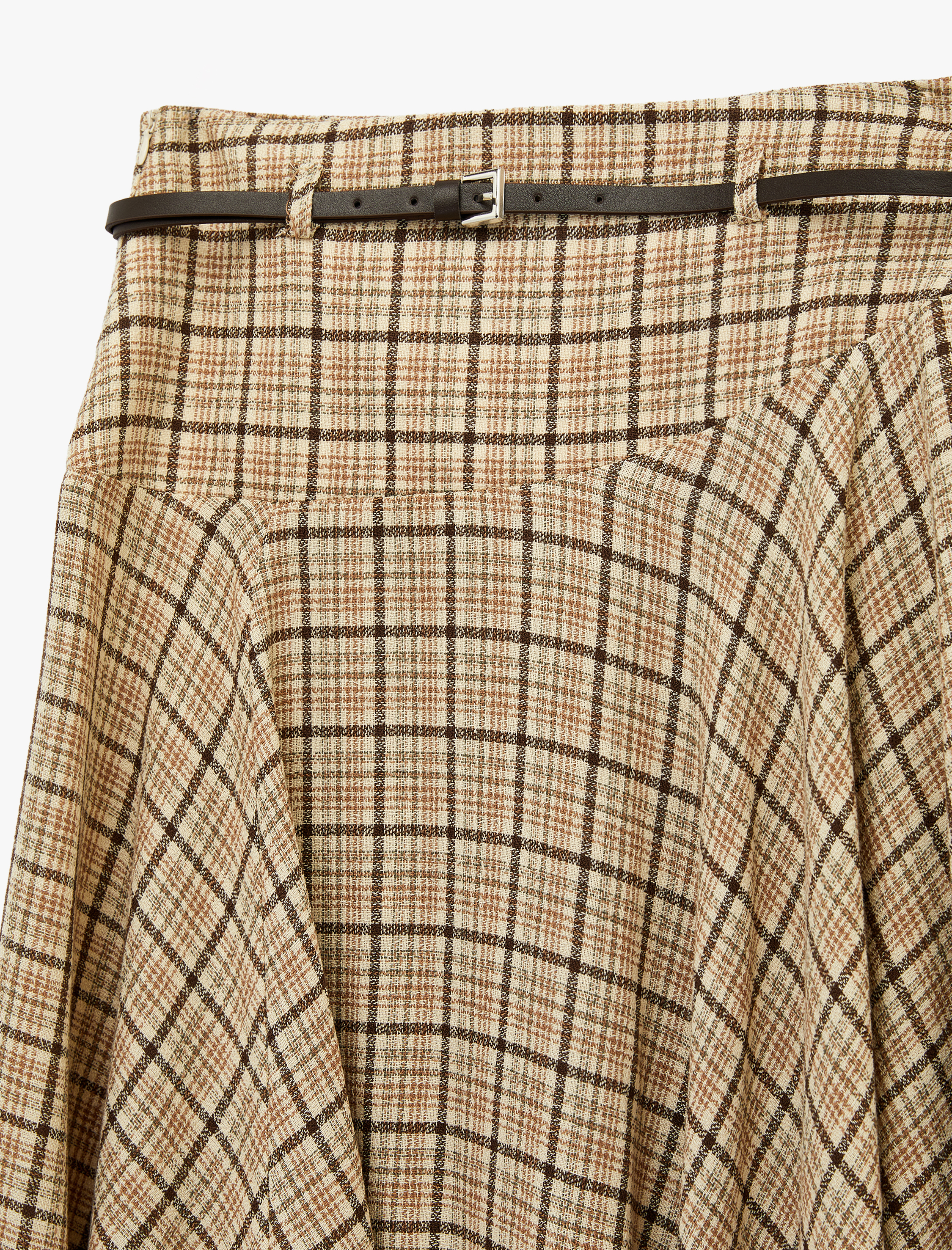   Asimetrik Yüksek Bel Ekoseli Kloş Midi Etek