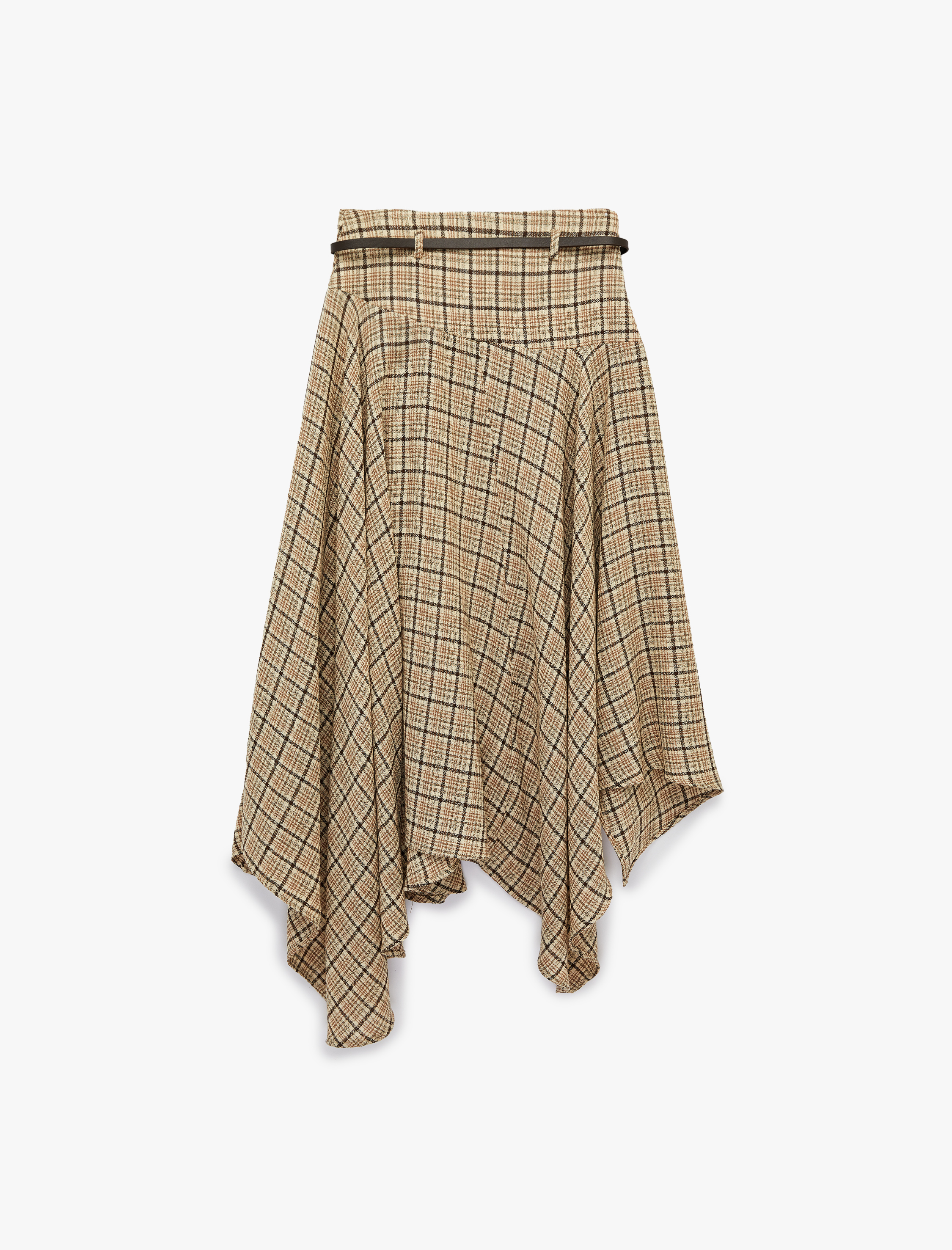   Asimetrik Yüksek Bel Ekoseli Kloş Midi Etek