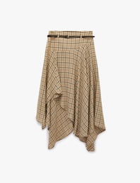 Asimetrik Yüksek Bel Ekoseli Kloş Midi Etek