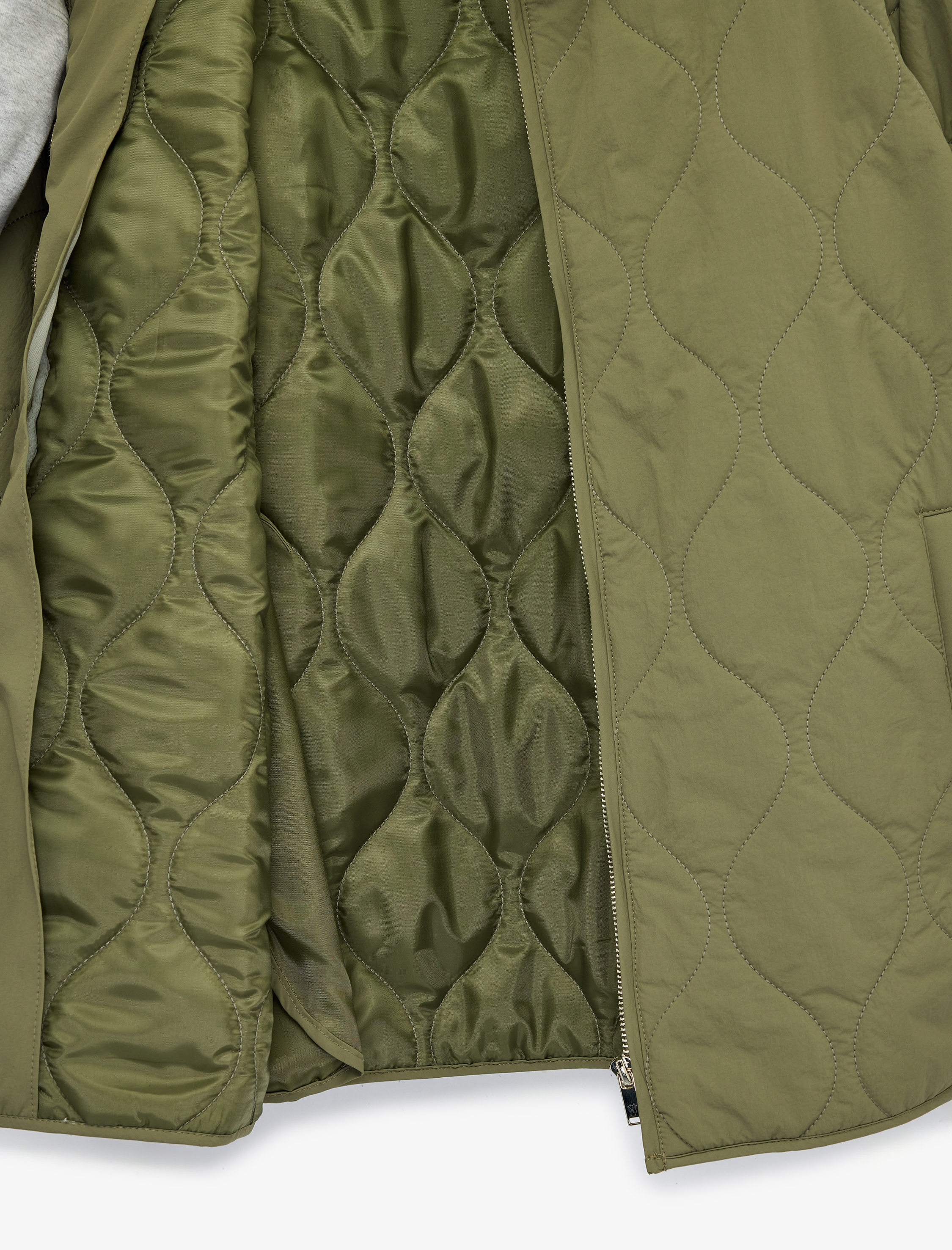   Uzun Kollu Fermuarlı Cepli Dik Yaka Kapitone Mevsimlik Ceket