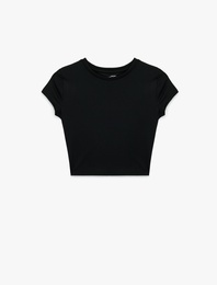 Slim Fit Kısa Kollu Bisiklet Yaka Crop Spor Tişört