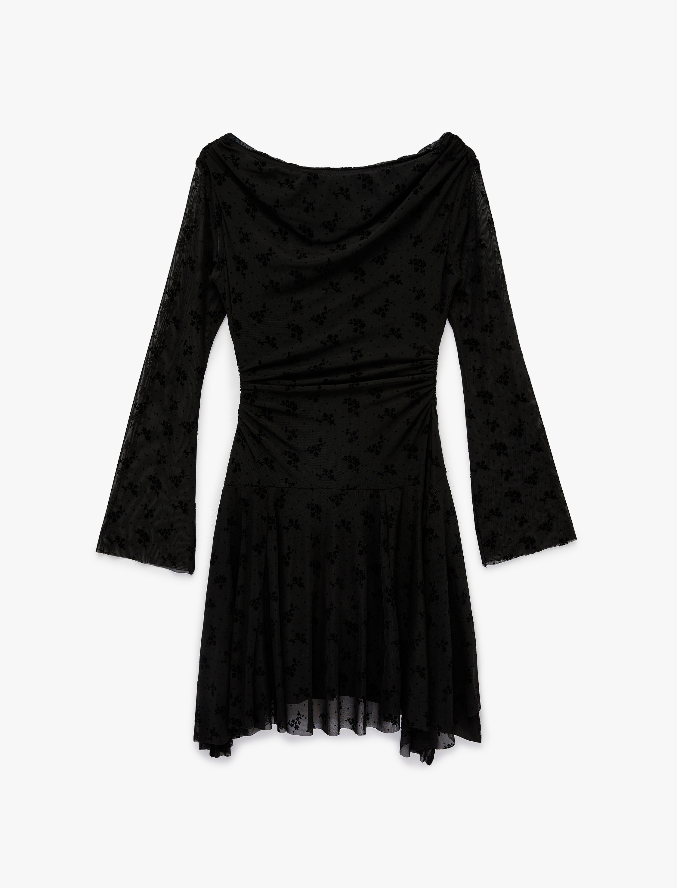   Slim Fit Uzun Kollu Drape Detaylı Degaje Yaka Çiçekli Tül Mini Elbise