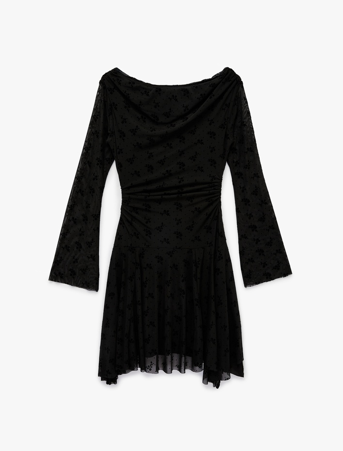  Slim Fit Uzun Kollu Drape Detaylı Degaje Yaka Çiçekli Tül Mini Elbise