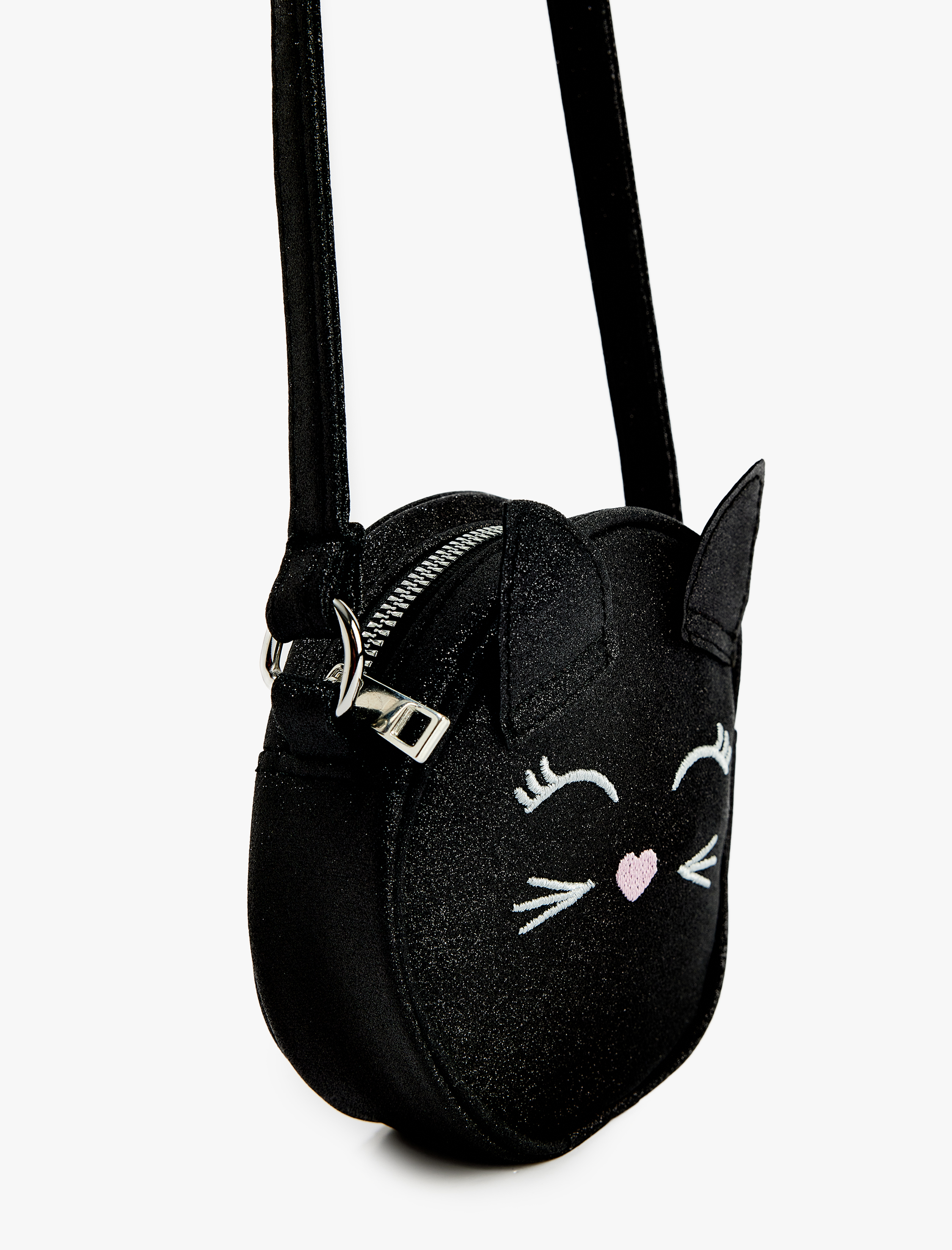  Kız Çocuk Kedi Temalı Simli Kulak Aplike Detaylı Çapraz Çanta