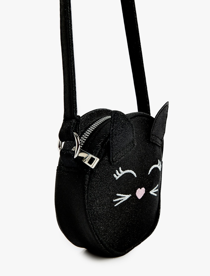 Kız Çocuk Kedi Temalı Simli Kulak Aplike Detaylı Çapraz Çanta