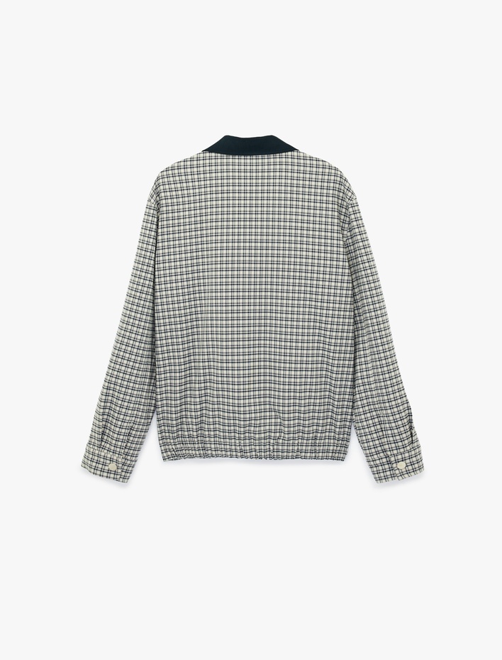  Uzun Kollu Viskon Karışımlı Desenli Cepli Renk Kontrastlı Gömlek Yaka Fermuarlı Bomber Ceket