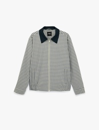 Uzun Kollu Viskon Karışımlı Desenli Cepli Renk Kontrastlı Gömlek Yaka Fermuarlı Bomber Ceket