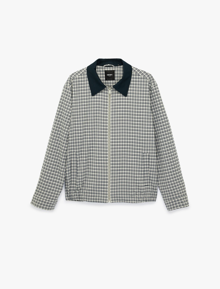  Uzun Kollu Viskon Karışımlı Desenli Cepli Renk Kontrastlı Gömlek Yaka Fermuarlı Bomber Ceket