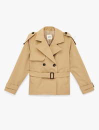 Uzun Kollu Düğmeli Cepli Kruvaze Kemerli Gabardin Kısa Trençkot