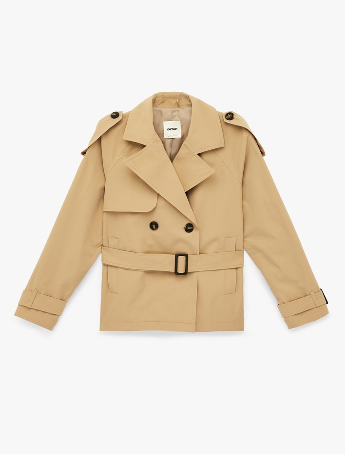  Uzun Kollu Düğmeli Cepli Kruvaze Kemerli Gabardin Kısa Trençkot