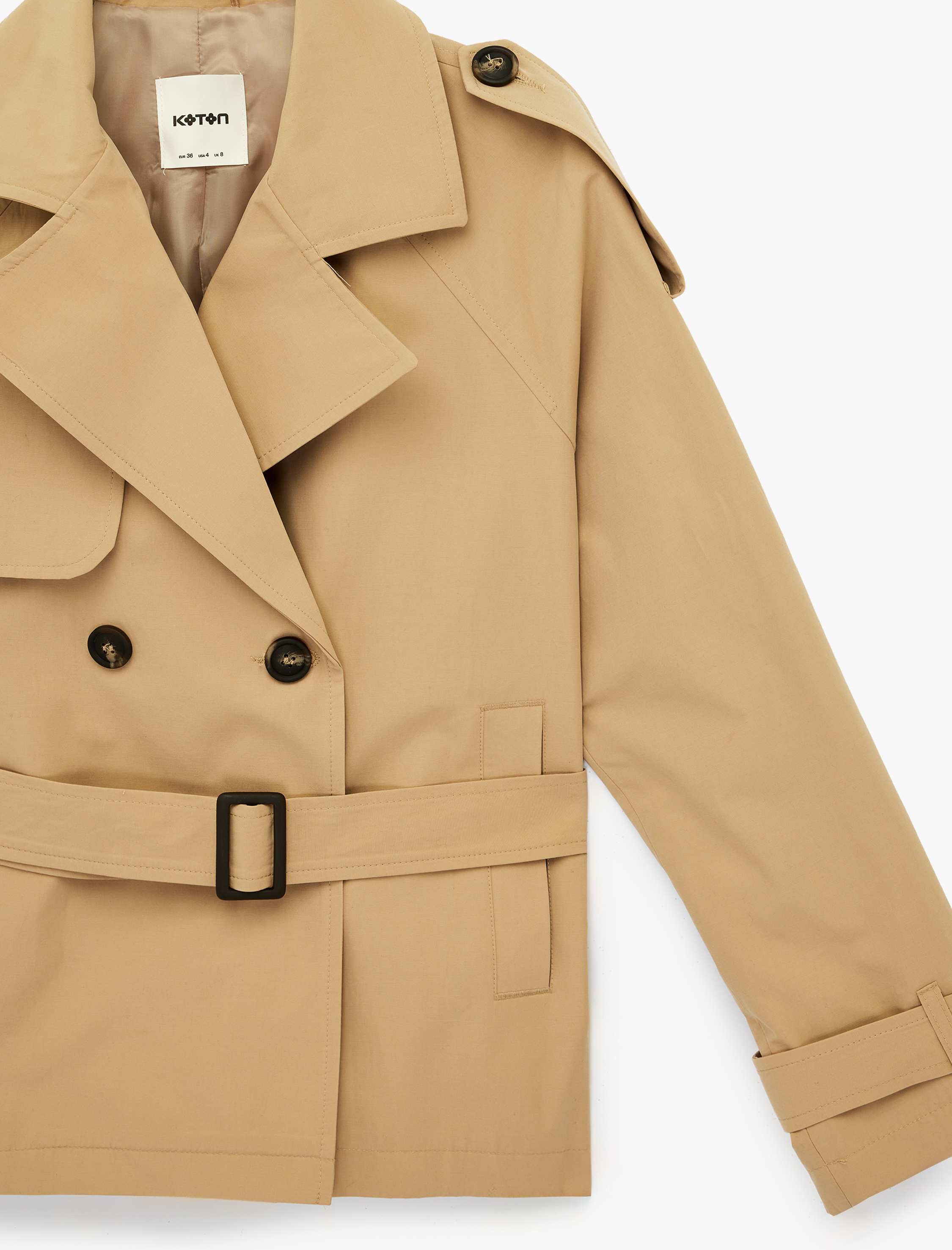   Uzun Kollu Düğmeli Cepli Kruvaze Kemerli Gabardin Kısa Trençkot