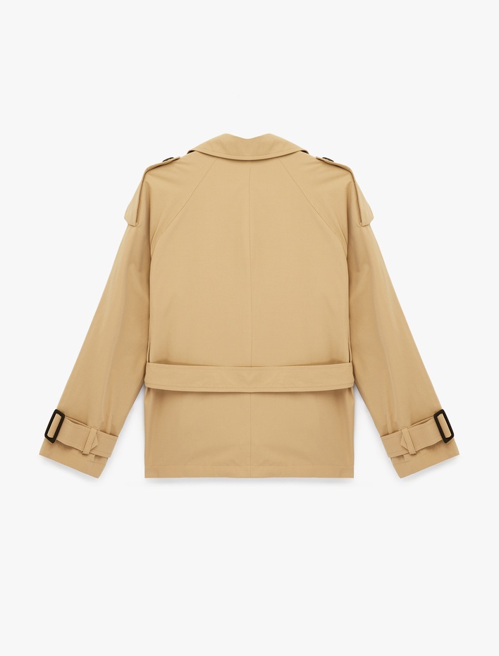  Uzun Kollu Düğmeli Cepli Kruvaze Kemerli Gabardin Kısa Trençkot