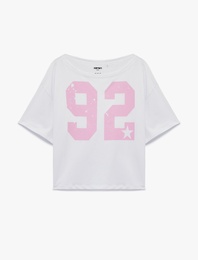 Kısa Kollu Kayık Yaka Pamuklu Baskılı Oversize Spor Tişört