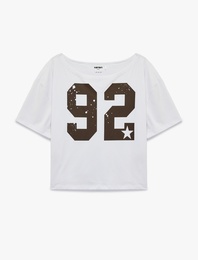 Kısa Kollu Kayık Yaka Baskılı Oversize Spor Tişört