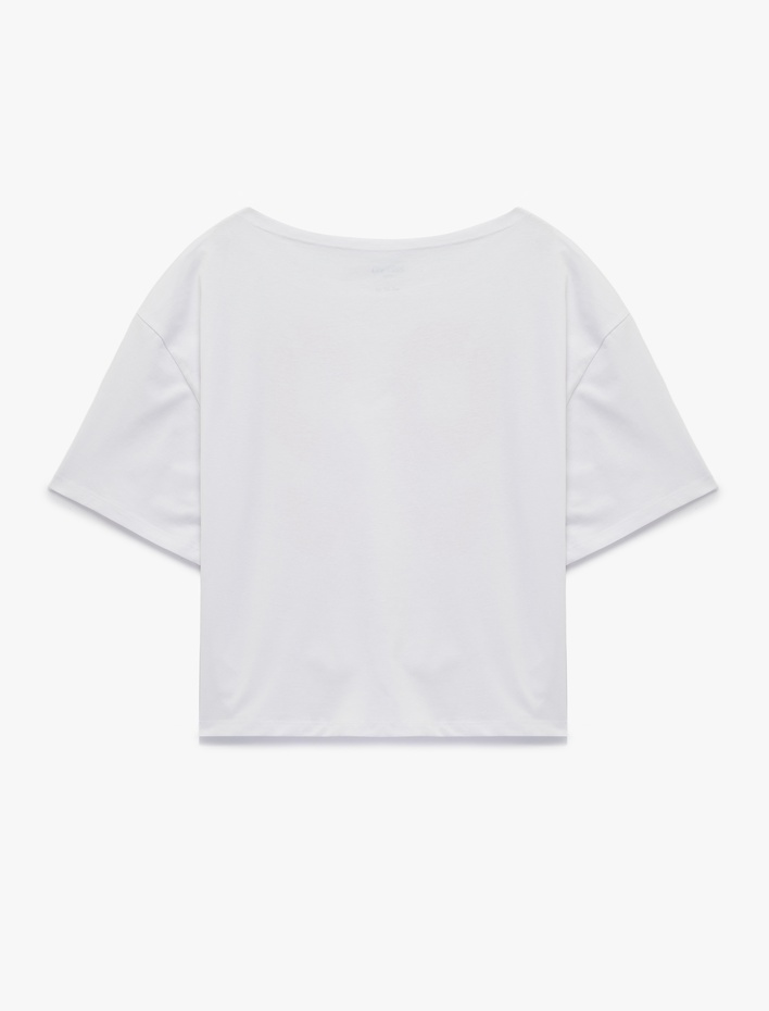  Kısa Kollu Kayık Yaka Pamuklu Baskılı Oversize Spor Tişört