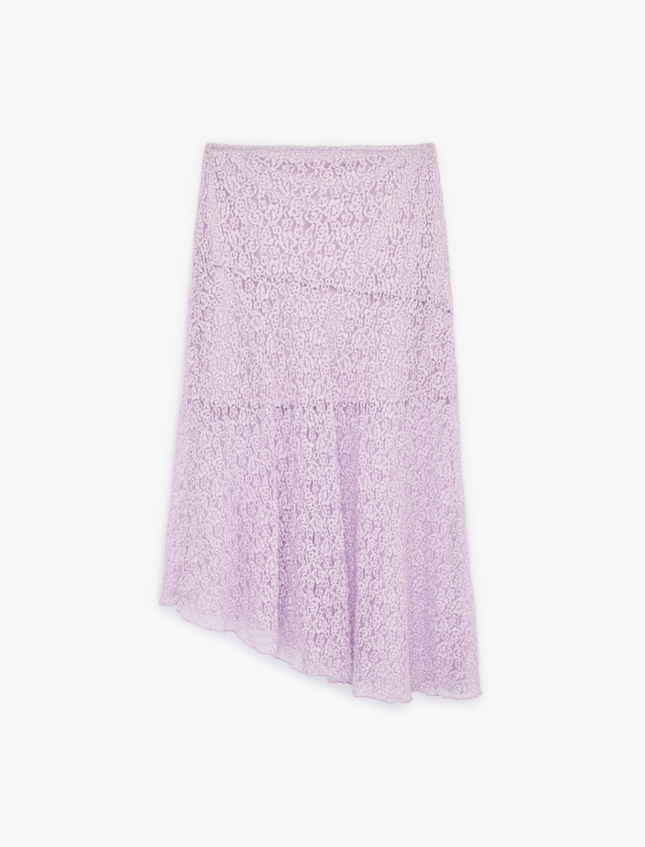  Asimetrik Dantel Detaylı Yüksek Bel Midi Etek